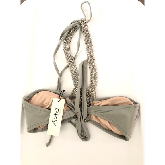 Sky Bikini Top Rhinestone Halter Embellished Gray NWT S - Picture 3 of 8